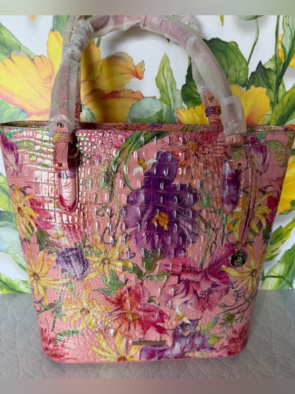 BRAHMIN EZRA PERENNIAL Flowers Floral Pink and GORGEOUS NWT TOTE FIRM
